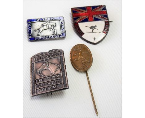 Three metal sporting badges, two with enamel; together with a Tokyo 1964 Olympics tie pin (4)