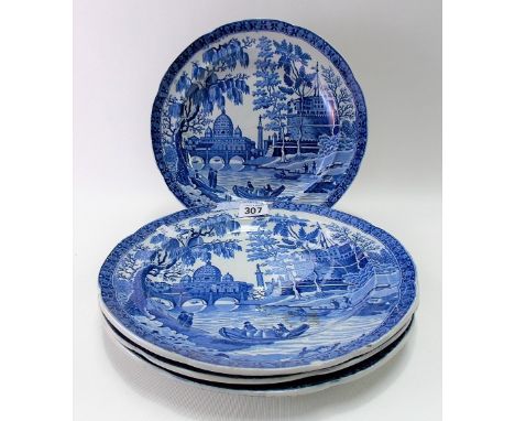 Set of four early 19th Century Spode blue and white transfer plates in Tiber pattern decorated with a river scene with buildi