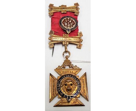 Early 20th Century 9ct hallmarked gold and enamel Royal Antediluvian Order of Buffaloes jewel, the ribbon applied with two 9c