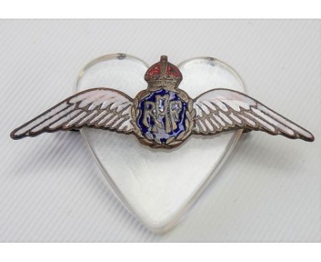 Early 20th Century heart-shaped clear celluloid enamel on metal R.A.F. sweetheart brooch
