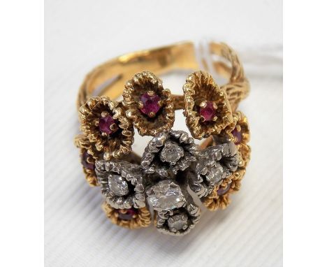 Interesting 18ct textured gold diamond &amp; ruby cluster ring, the stones set in a flower head the diamonds in a platinum se