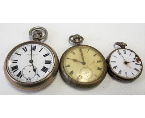 Military issue nickel case crown wind pocket watch, the white enamel dial signed W. Ehrhardt, London together with two other 