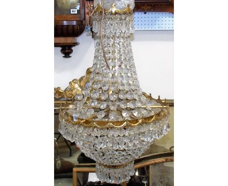 20th Century brass cut glass six light bag chandelier, height 65cm approx.