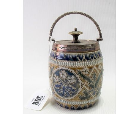 Doulton Lambeth tobacco jar and cover with swing handle, incised and relief floral banded decoration, impressed marks and inc