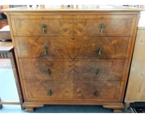 1920's burr walnut veneered &amp; ebony inlaid chest of two short over three long drawers upon ogee bracket feet, width 107cm