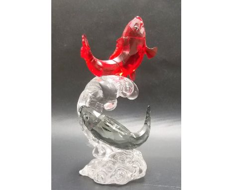 Swarovski red grey and clear crystal model of two leaping carp fish, height 16cm.THIS IS SWAROVSKI WITH CORRECT MARK
