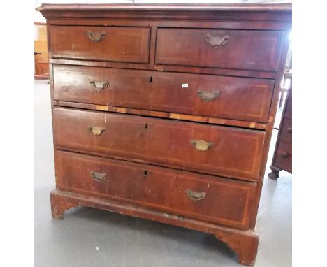 18th Century walnut veneered feather banded chest of drawers, the feather banded quarter veneered top with moulded edge over 