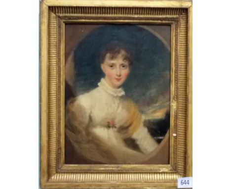 EARLY 19TH CENTURY BRITISH SCHOOL Half length portrait of a seated young woman with white dress Oil on canvas 29.5cm x 22cm