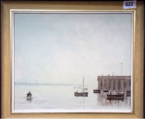 Possibly by JOHN MILLER 'Fishing Boats Evening Light' Oil on board Artist label to the back 24.5cm x 29cm