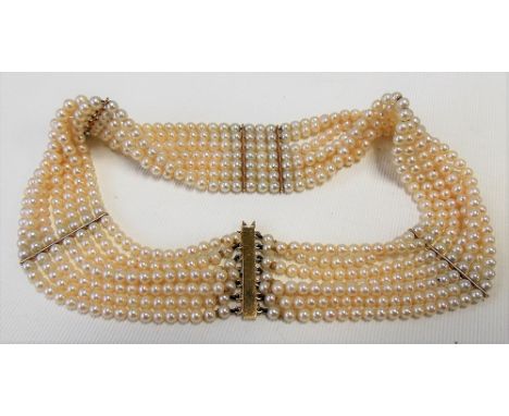 Good gold &amp; pearl bead choker, the seven rows of pearls separated by six gold bars &amp; with a gold sliding clasp, lengt