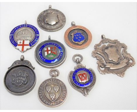 Five silver and enamel Football Association fob medals; together with three silver fob medals, mostly 1920's/1930's, weight 2