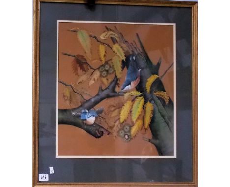 H.R. MOORE Two birds on a horse chestnut trunk Gouache Signed &amp; dated 1983 45cm x 40cm