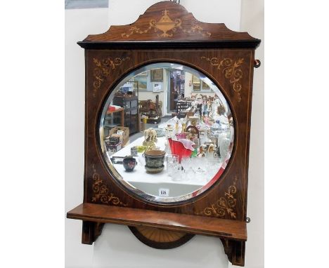 Victorian rosewood marquetry inlaid circular bevel edged wall mirror, the rectangular frame with shaped surmount inlaid with 