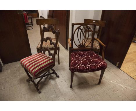 A PAIR OF GEORGE IV MAHOGANY DINING CHAIR, with bowed backs and drop-in seats; together with mahogany ladder back chair; a He