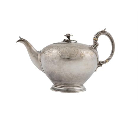 A VICTORIAN SILVER TEAPOT, London 1842, mark of Benjamin Smith III, of globular form, engraved with scrolling leafy decoratio