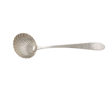 A GEORGE III IRISH SILVER BRIGHT CUT TAPER HANDLE SAUCE LADLE, Dublin 1818, mark of Thomas Tudor & William Law, having shell 