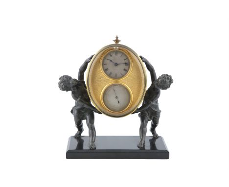 A BRASS AND MACHINED BRASS COMBINED TIME PIECE AND BAROMETER, 19th century, the steel dial signed Martin & Son, Cheltenham', 