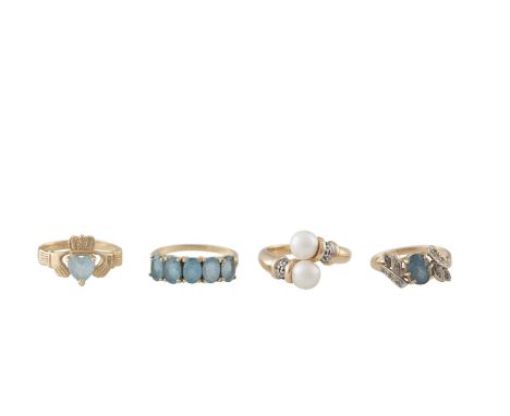 A GROUP OF FOUR GEM-SET RINGS, the first ring set with an oval-shaped aquamarine and single-cut diamonds, mounted in 14K gold