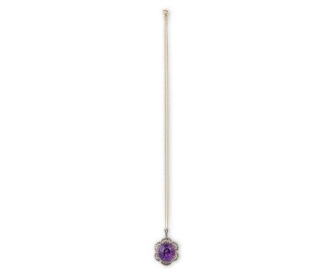 AN EARLY 20TH CENTURY AMETHYST AND DIAMOND PENDANT ON CHAIN, CIRCA 1900, The cushion-shaped amethyst, weighing approximately 