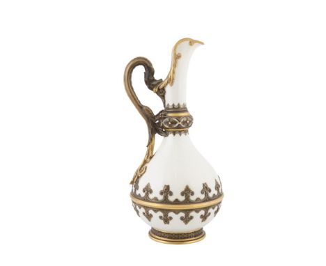 A ROYAL WORCESTER WHITE AND GILT PORCELAIN EWER, applied with a figural finial, the body and gilt edged rim, the waisted neck