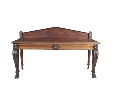 AN EARLY VICTORIAN MAHOGANY SERVING TABLE, c.1840, with raised architectural back, and plain top with moulded rim over twin p