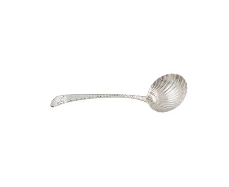 AN IRISH GEORGE III BRIGHT CUT SILVER SAUCE LADLE, Dublin c.1780, mark of John Bolland, with scallop shell bowl, the handle t