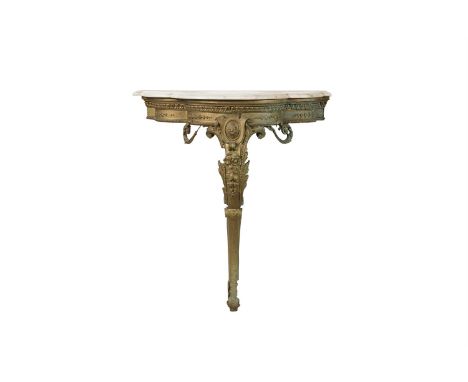 A VICTORIAN GILTWOOD AND GESSO CONSOLE TABLE, with marble top on single scroll leg. 76cm wide