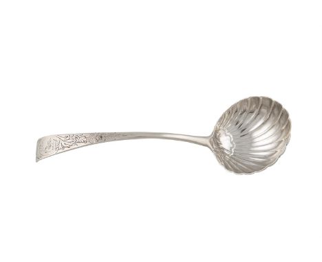 AN EARLY GEORGE III IRISH CURVED TAPER HANDLE SAUCE LADLE, Dublin c.1760, mark of David Peter, with shell bowl and engraved h