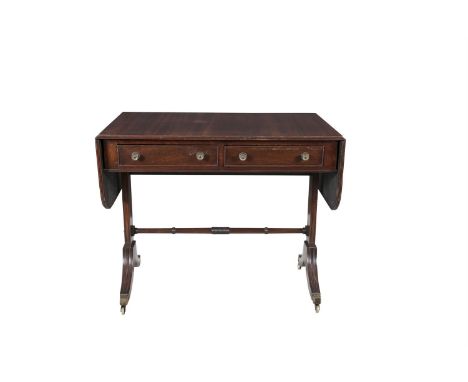 A MAHOGANY SOFA TABLE IN REGENCY STYLE, 20TH CENTURY, with reeded drop leaves, frieze drawers, raised on end supports, with s