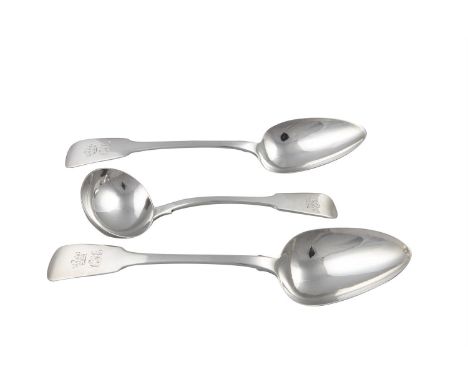 A PAIR OF IRISH SILVER FIDDLE PATTERN SERVING SPOONS, Dublin 1830, mark of Edward Power and Edward Twy, with rat tail bowls, 