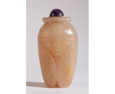 A CHINESE JADE CIRCADA SNUFF BOTTLE 18th/19th century, of symmetrical form, the even celadon jade incised with tapering wings