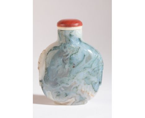 A CHINESE AGATE SNUFF BOTTLE 19th century, the 'moss' type agate carved with mask and ring handles to each side, 6.5cm high o