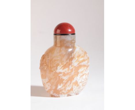A CHINESE 'MACARONI' AGATE SNUFF BOTTLE 18th/19th century, with carved mask and ring shoulders, 6cm high overallThe Dick Hard