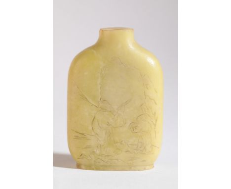 A CHINESE JADE SNUFF BOTTLE probably 19th century, carved to one side with an inscription, the other with a boy and a scholar