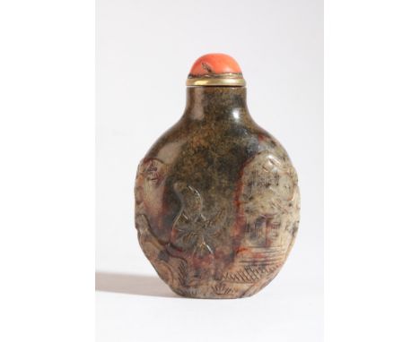 A CHINESE JADE SNUFF BOTTLE late 18th/early 19th century, the 'spinach green' nephrite carved to one side with a sage in a ro
