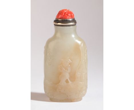 A CHINESE JADE SNUFF BOTTLE 18th/19th century, with carvings of a figure fishing under a pine tree and another on a punt, ter