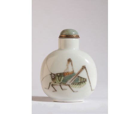 A CHINESE PORCELAIN SNUFF BOTTLE bearing a four character Daoguang seal mark to the base, painted with a cricket on both fron