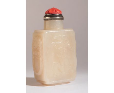 A CHINESE JADE SNUFF BOTTLE 18th/19th century, of rectangular form, a boy waving lingzhi fungus carved to front and reverse, 