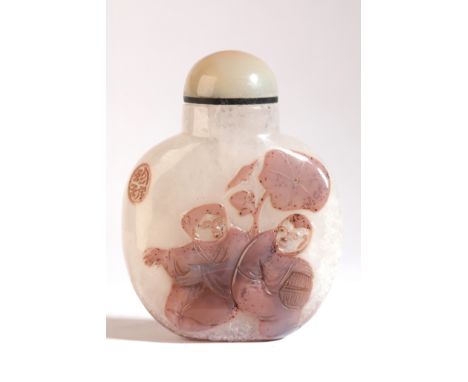 A CHINESE SHADOW AGATE 'HEHE ERXIAN' SNUFF BOTTLE 19th century, carved to one side with the immortals of Harmony and Union, b