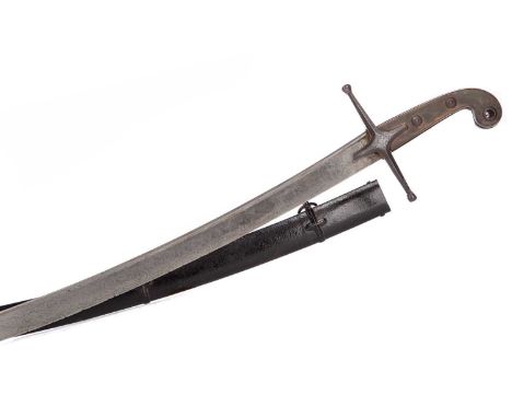 EARLY 19TH CENTURY MAMELUKE SABRE,the curved steel blade etched with scrolling devices, over an iron crossguard and two-piece