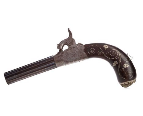 19TH CENTURY PERCUSSION PISTOL BY CALVERT OF LEEDS,with fluted barrel, scroll engraved lockplates and inscribed maker's name,