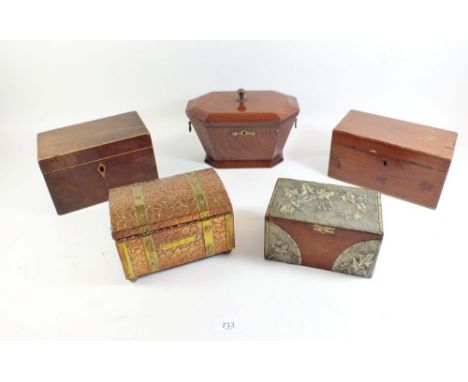 A Georgian mahogany tea caddy and four other tea caddies