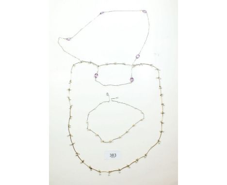 A 'Platinon' necklace with amethyst and pearl beads and two other pearl bar necklaces
