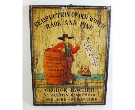 A painting on wood advert for Whisky 'Perfection of Old Scotch Whisky' - 40 x 30cm