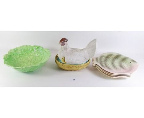 A bisque chicken in a basket egg holder (beak a/f), four Shorter &amp; Sons fish plates and a green leaf salad plate