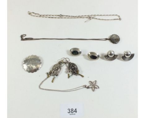 Three pairs of silver earrings, and three silver necklaces etc