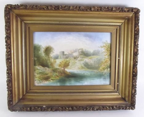 A watercolour on porcelain panel of Bothwell Castle by J Birkbeck (ex Royal Worcester artist) - 17 x 24cm