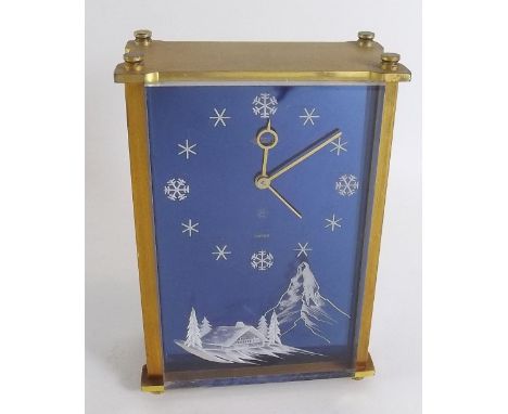 A Jaeger blue faced alarm clock decorated alpine scene - 13cm high