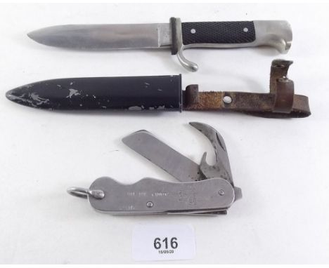 An Army pen knife 1983 with MOD arrow mark and 'oil the joints' text with a Solingen German dagger