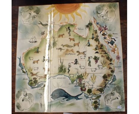 A nine tile painted panel illustrated map of Australia by Martin Boyd, 46cm square